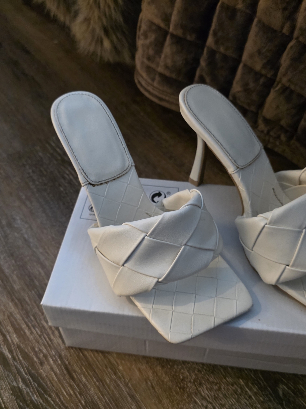 White Woven High Heel Slide Sandals - Women's